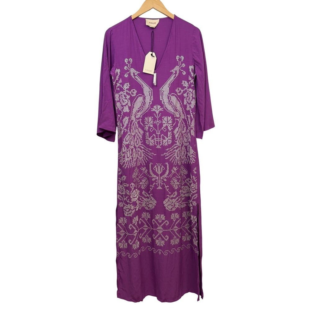 NEW Figue Dress Kaftan XS Purple Peacock Embroidered Maxi Spring Wedding Guest - Picture 2 of 14